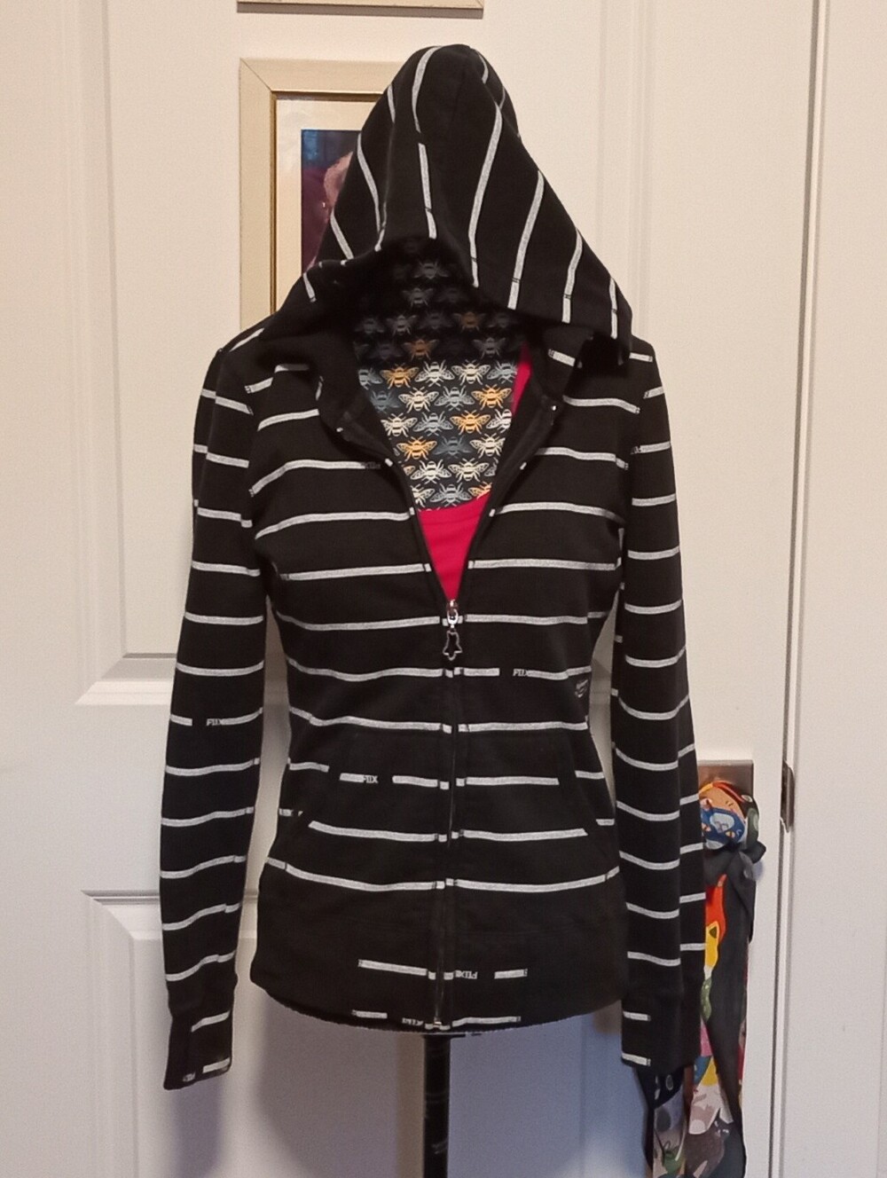 Black and white striped Fox zip up hoodie